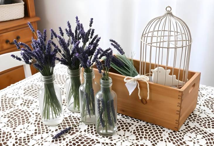 Lavender Elegance Bottles, Birdcage, and Rustic Wooden Box